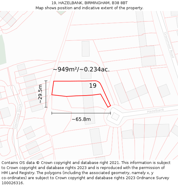 19, HAZELBANK, BIRMINGHAM, B38 8BT: Plot and title map