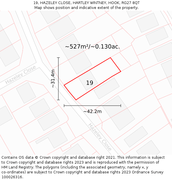 19, HAZELEY CLOSE, HARTLEY WINTNEY, HOOK, RG27 8QT: Plot and title map