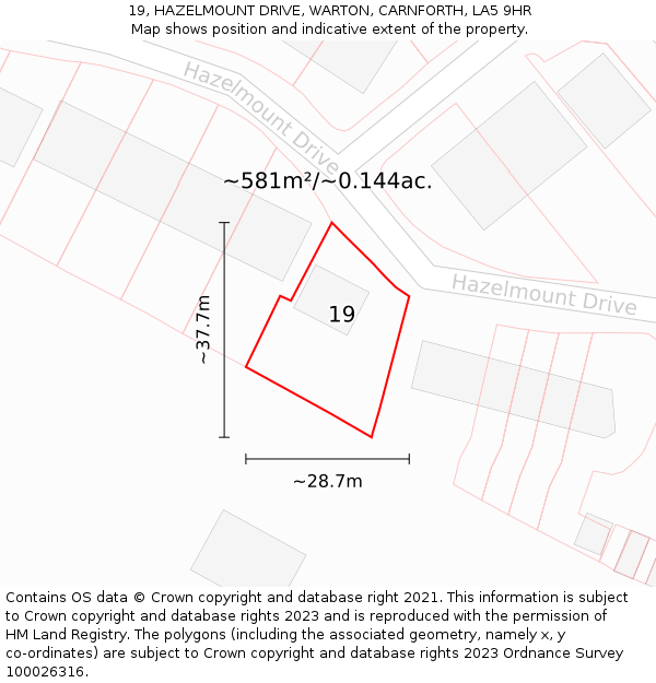 19, HAZELMOUNT DRIVE, WARTON, CARNFORTH, LA5 9HR: Plot and title map