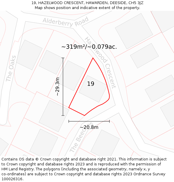 19, HAZELWOOD CRESCENT, HAWARDEN, DEESIDE, CH5 3JZ: Plot and title map