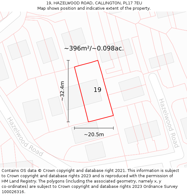 19, HAZELWOOD ROAD, CALLINGTON, PL17 7EU: Plot and title map