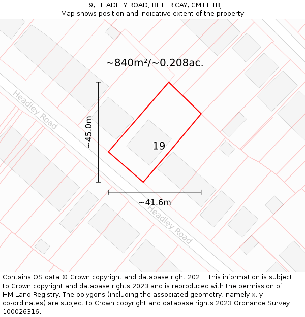 19, HEADLEY ROAD, BILLERICAY, CM11 1BJ: Plot and title map