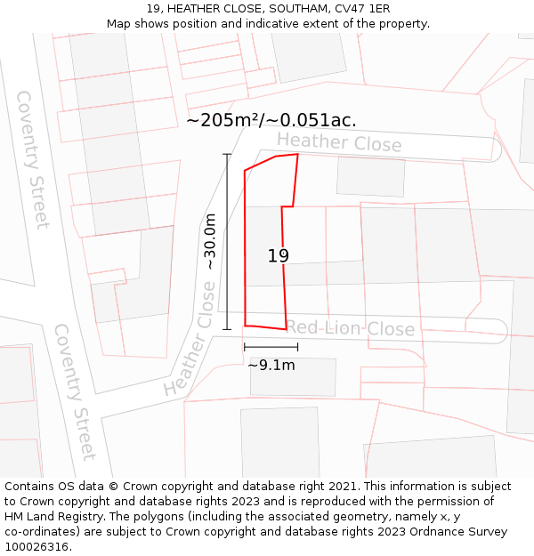 19, HEATHER CLOSE, SOUTHAM, CV47 1ER: Plot and title map