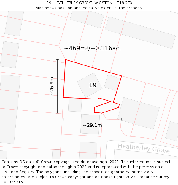 19, HEATHERLEY GROVE, WIGSTON, LE18 2EX: Plot and title map