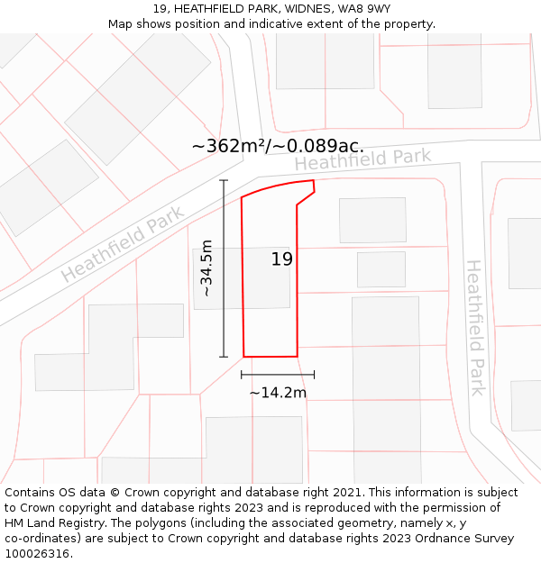 19, HEATHFIELD PARK, WIDNES, WA8 9WY: Plot and title map