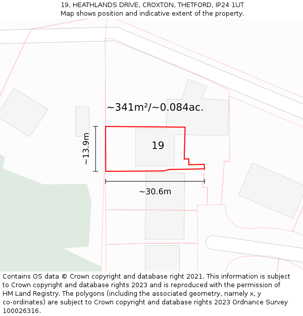 19, HEATHLANDS DRIVE, CROXTON, THETFORD, IP24 1UT: Plot and title map