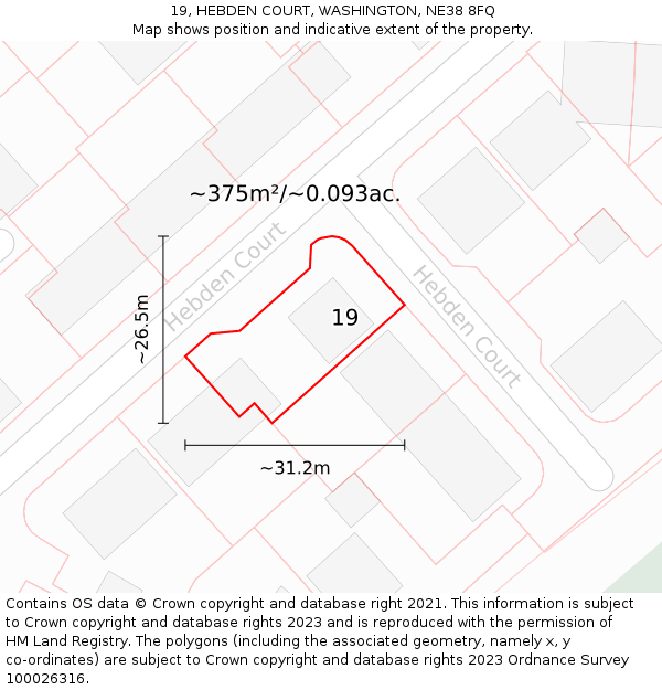 19, HEBDEN COURT, WASHINGTON, NE38 8FQ: Plot and title map