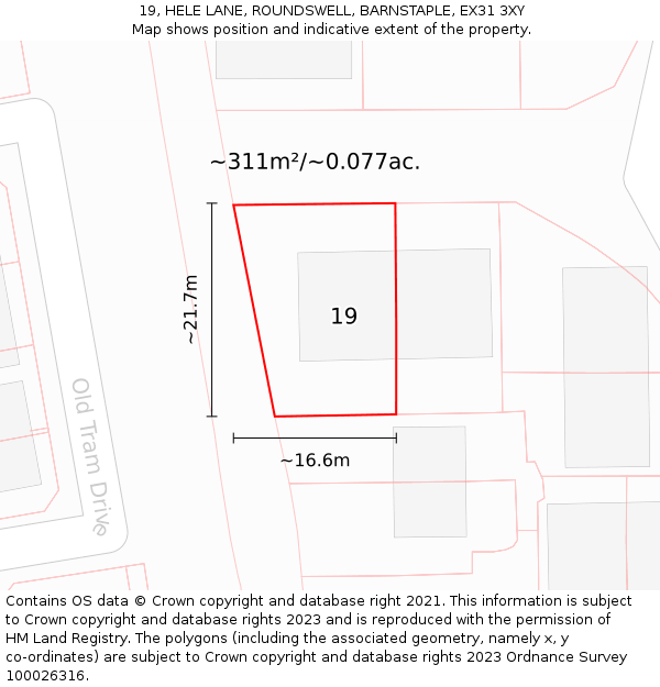 19, HELE LANE, ROUNDSWELL, BARNSTAPLE, EX31 3XY: Plot and title map