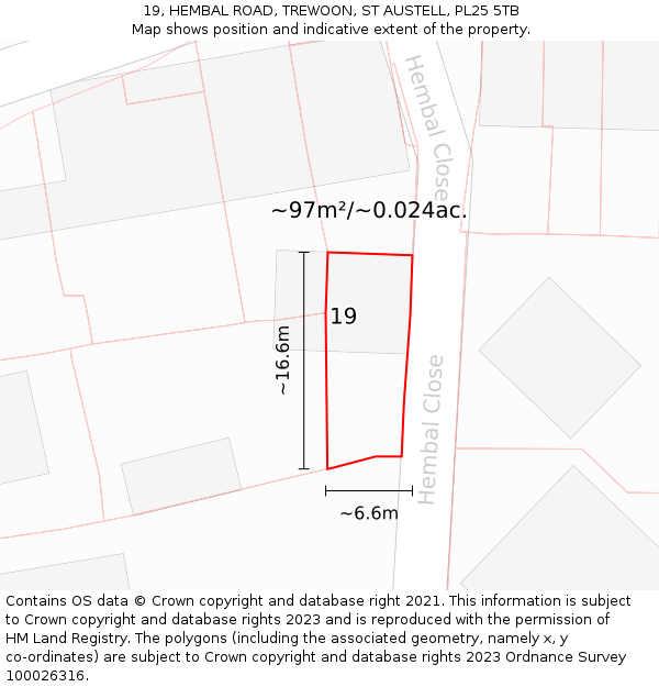 19, HEMBAL ROAD, TREWOON, ST AUSTELL, PL25 5TB: Plot and title map