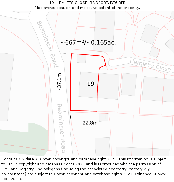 19, HEMLETS CLOSE, BRIDPORT, DT6 3FB: Plot and title map