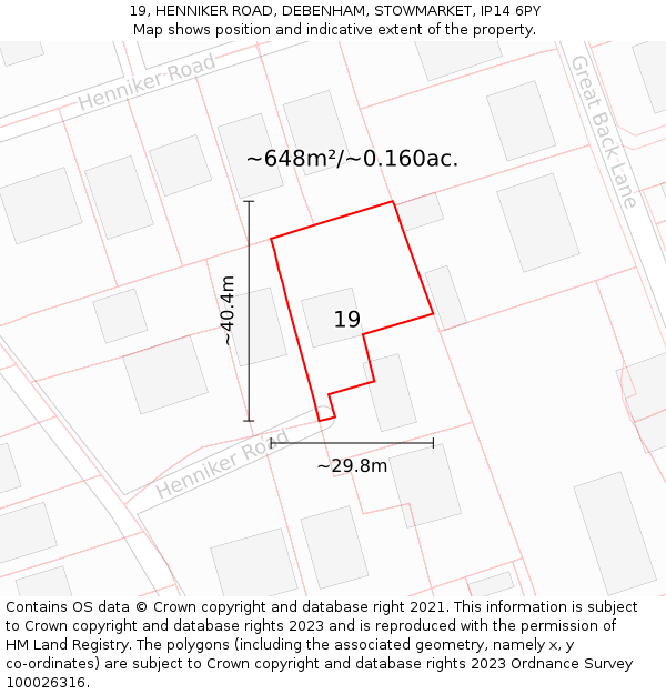19, HENNIKER ROAD, DEBENHAM, STOWMARKET, IP14 6PY: Plot and title map