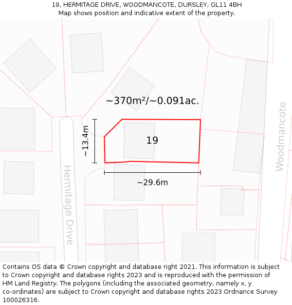 19, HERMITAGE DRIVE, WOODMANCOTE, DURSLEY, GL11 4BH: Plot and title map