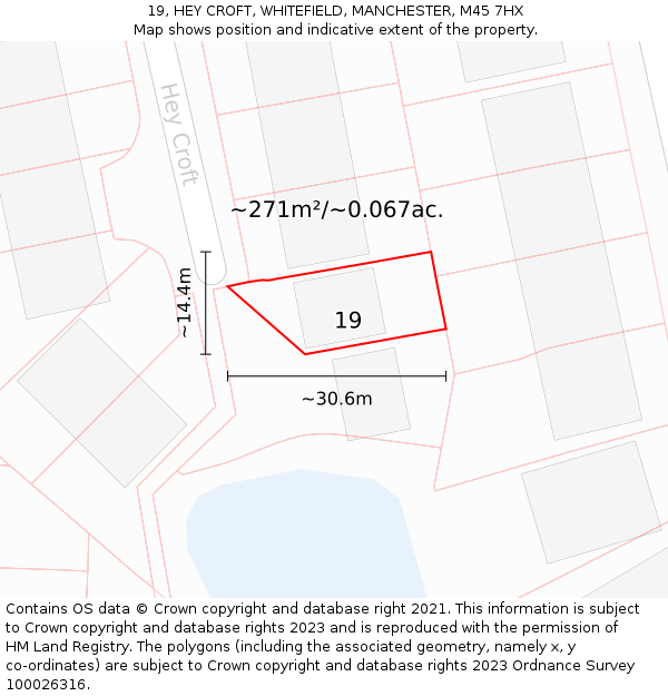 19, HEY CROFT, WHITEFIELD, MANCHESTER, M45 7HX: Plot and title map