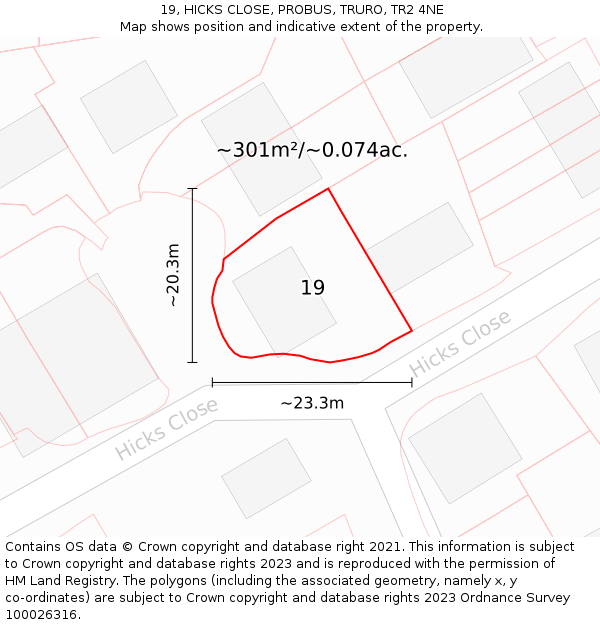 19, HICKS CLOSE, PROBUS, TRURO, TR2 4NE: Plot and title map