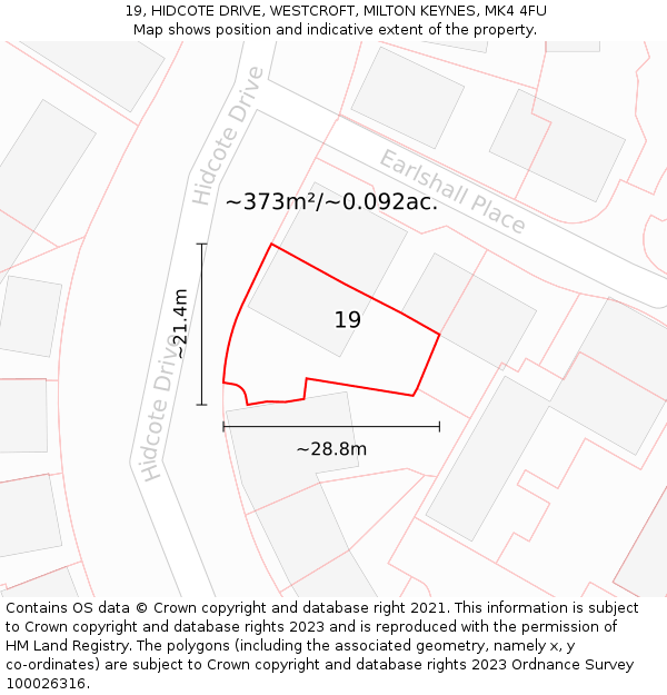 19, HIDCOTE DRIVE, WESTCROFT, MILTON KEYNES, MK4 4FU: Plot and title map