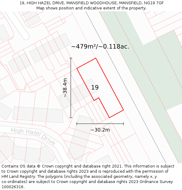 19, HIGH HAZEL DRIVE, MANSFIELD WOODHOUSE, MANSFIELD, NG19 7GF: Plot and title map