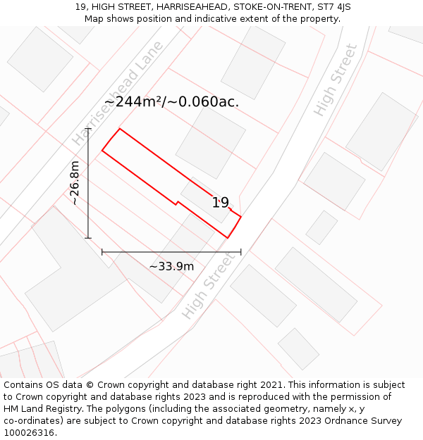 19, HIGH STREET, HARRISEAHEAD, STOKE-ON-TRENT, ST7 4JS: Plot and title map