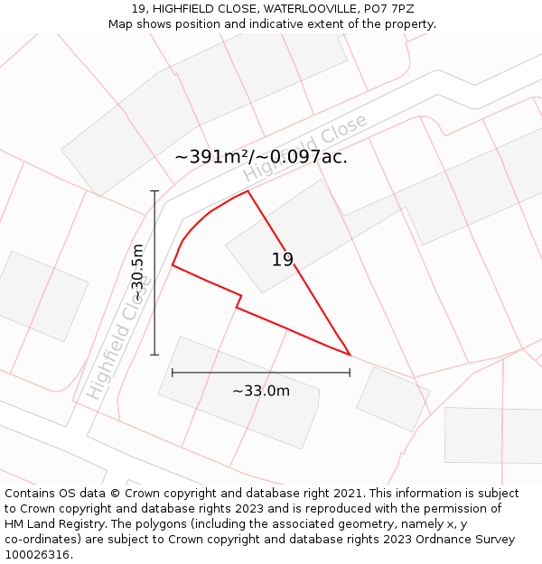 19, HIGHFIELD CLOSE, WATERLOOVILLE, PO7 7PZ: Plot and title map