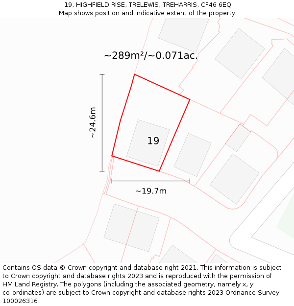 19, HIGHFIELD RISE, TRELEWIS, TREHARRIS, CF46 6EQ: Plot and title map