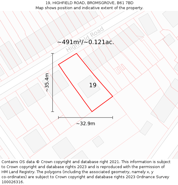 19, HIGHFIELD ROAD, BROMSGROVE, B61 7BD: Plot and title map