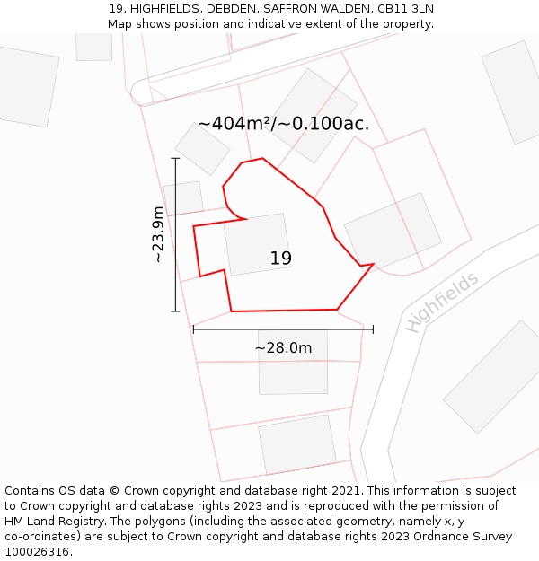 19, HIGHFIELDS, DEBDEN, SAFFRON WALDEN, CB11 3LN: Plot and title map