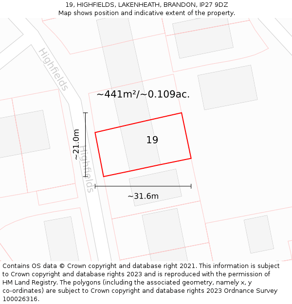 19, HIGHFIELDS, LAKENHEATH, BRANDON, IP27 9DZ: Plot and title map