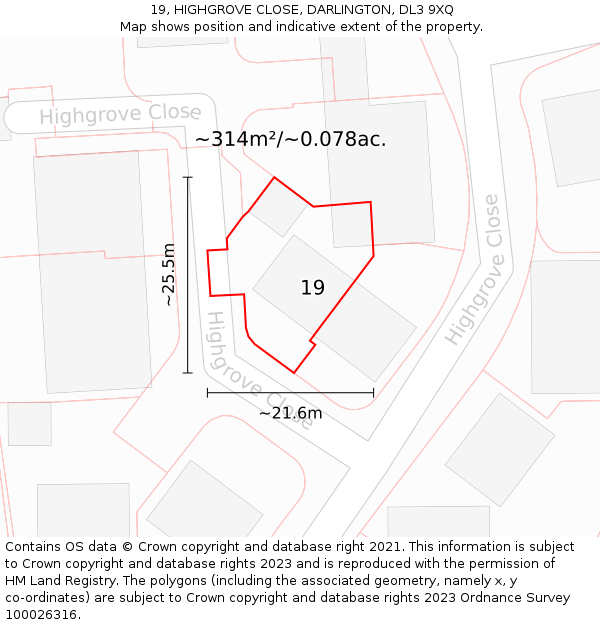 19, HIGHGROVE CLOSE, DARLINGTON, DL3 9XQ: Plot and title map