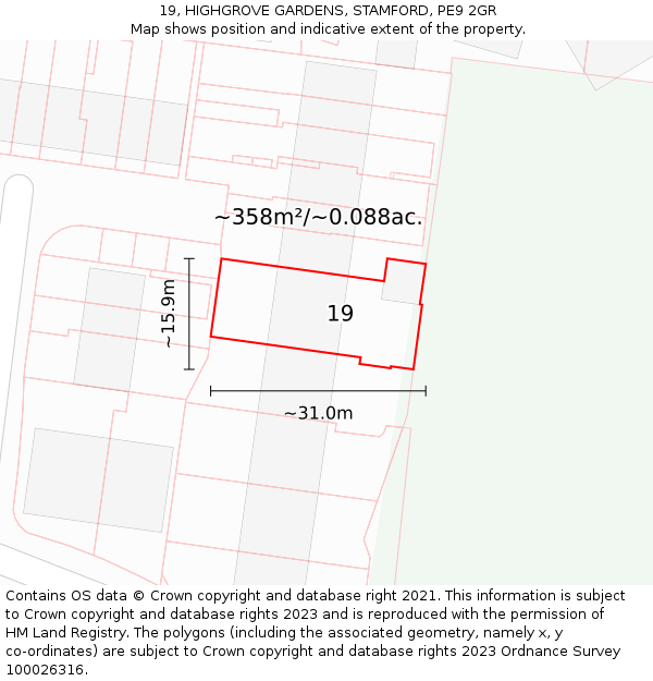 19, HIGHGROVE GARDENS, STAMFORD, PE9 2GR: Plot and title map