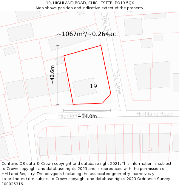 19, HIGHLAND ROAD, CHICHESTER, PO19 5QX: Plot and title map