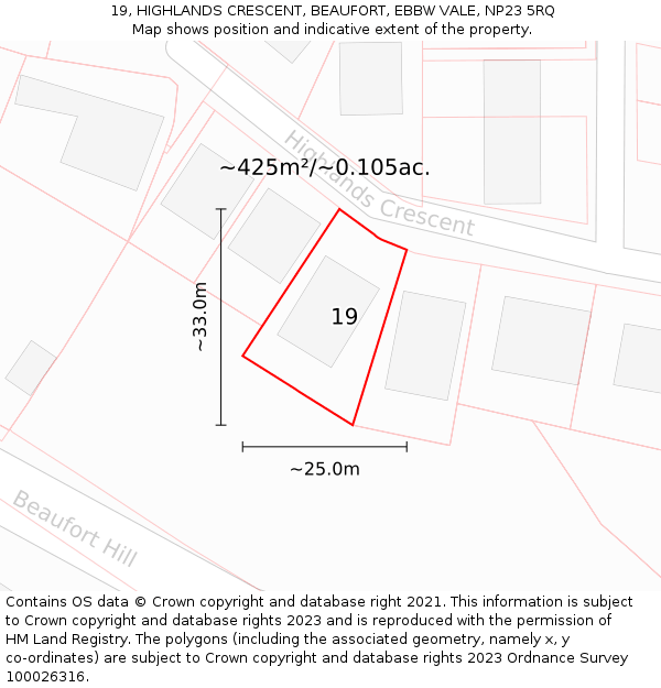 19, HIGHLANDS CRESCENT, BEAUFORT, EBBW VALE, NP23 5RQ: Plot and title map