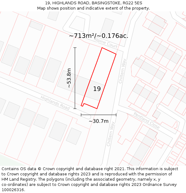 19, HIGHLANDS ROAD, BASINGSTOKE, RG22 5ES: Plot and title map