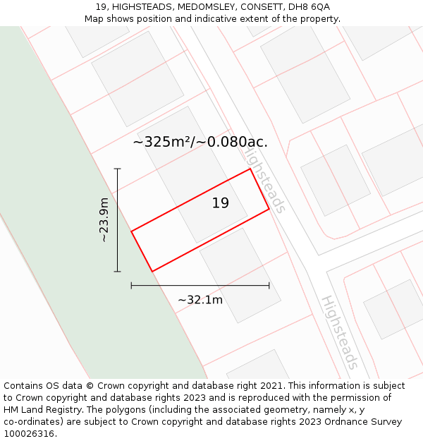 19, HIGHSTEADS, MEDOMSLEY, CONSETT, DH8 6QA: Plot and title map