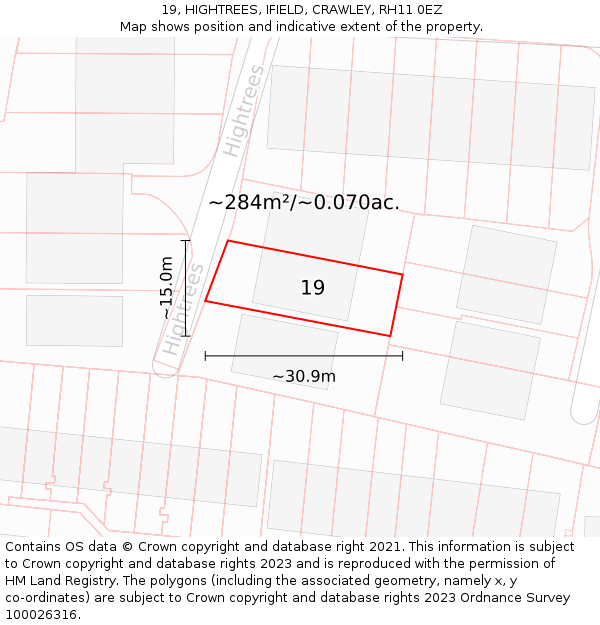 19, HIGHTREES, IFIELD, CRAWLEY, RH11 0EZ: Plot and title map
