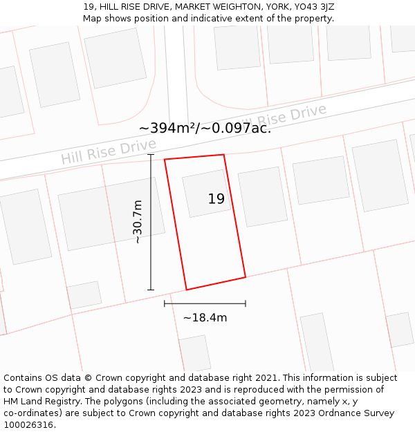 19, HILL RISE DRIVE, MARKET WEIGHTON, YORK, YO43 3JZ: Plot and title map