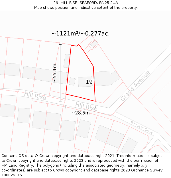 19, HILL RISE, SEAFORD, BN25 2UA: Plot and title map