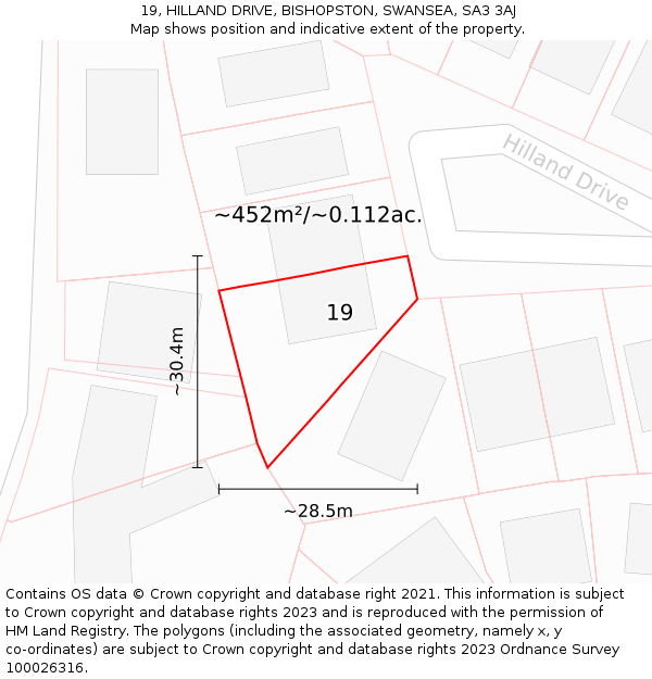 19, HILLAND DRIVE, BISHOPSTON, SWANSEA, SA3 3AJ: Plot and title map