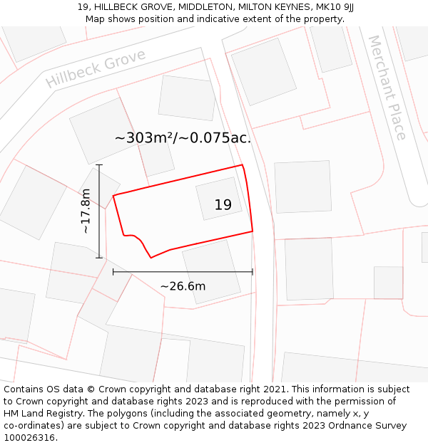 19, HILLBECK GROVE, MIDDLETON, MILTON KEYNES, MK10 9JJ: Plot and title map