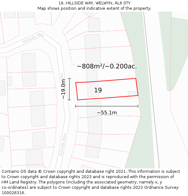 19, HILLSIDE WAY, WELWYN, AL6 0TY: Plot and title map