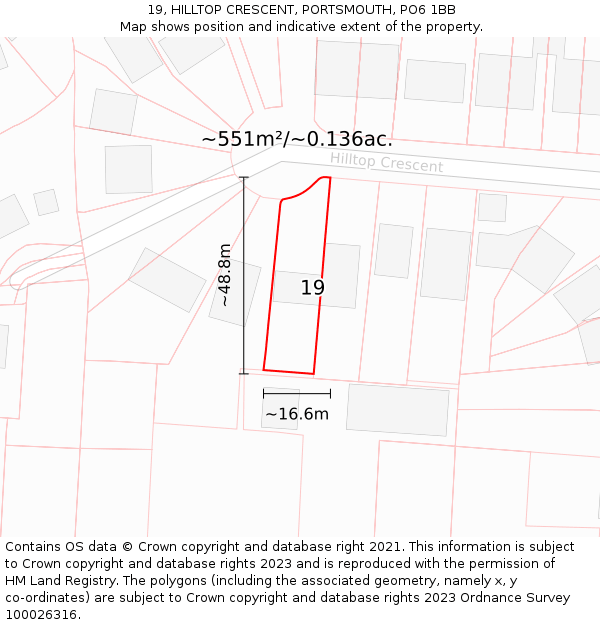 19, HILLTOP CRESCENT, PORTSMOUTH, PO6 1BB: Plot and title map