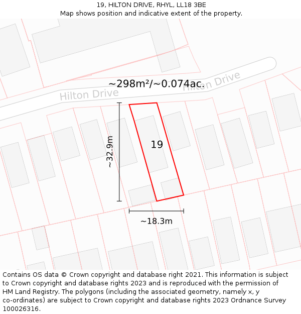 19, HILTON DRIVE, RHYL, LL18 3BE: Plot and title map