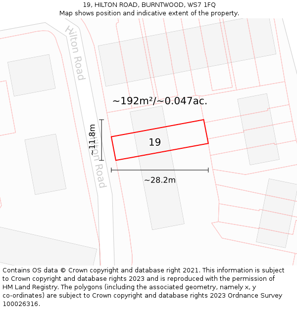 19, HILTON ROAD, BURNTWOOD, WS7 1FQ: Plot and title map