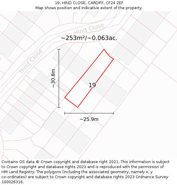 19, HIND CLOSE, CARDIFF, CF24 2EF: Plot and title map