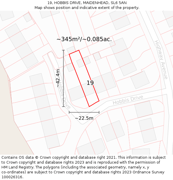 19, HOBBIS DRIVE, MAIDENHEAD, SL6 5AN: Plot and title map