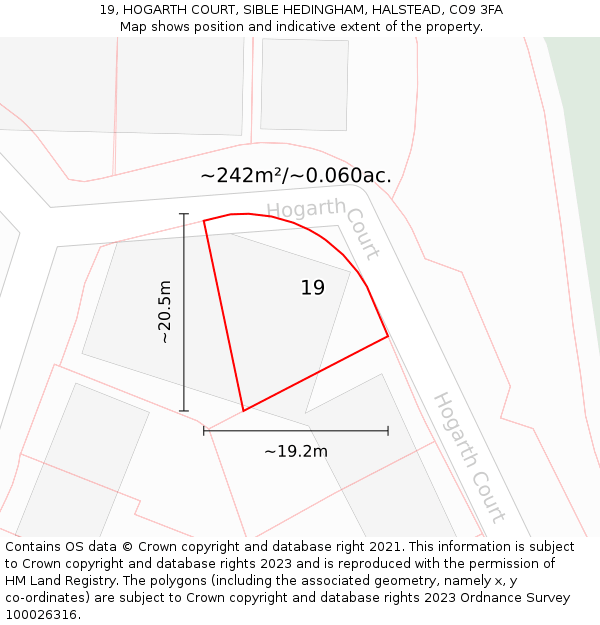 19, HOGARTH COURT, SIBLE HEDINGHAM, HALSTEAD, CO9 3FA: Plot and title map