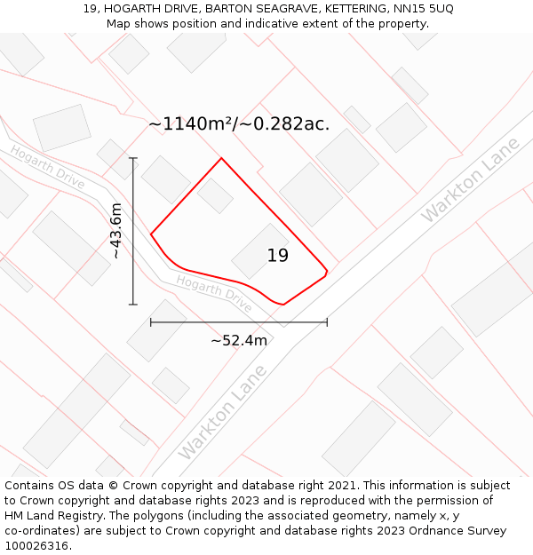 19, HOGARTH DRIVE, BARTON SEAGRAVE, KETTERING, NN15 5UQ: Plot and title map