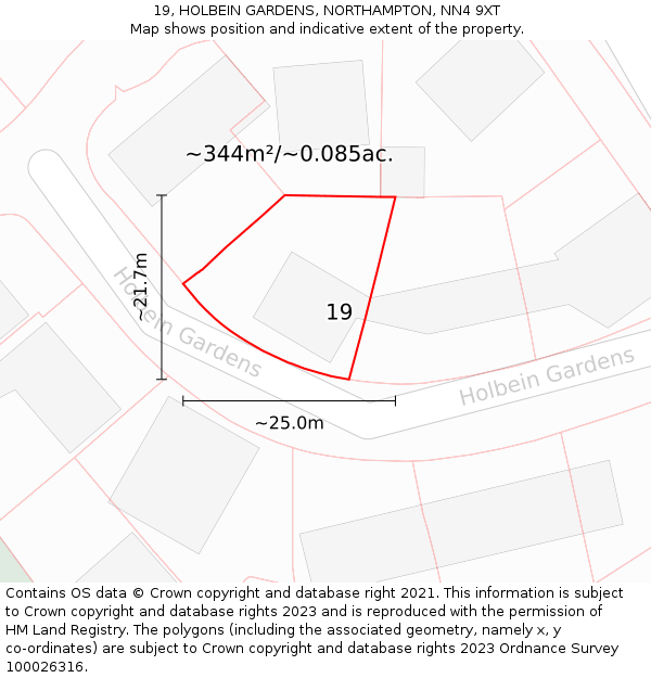 19, HOLBEIN GARDENS, NORTHAMPTON, NN4 9XT: Plot and title map