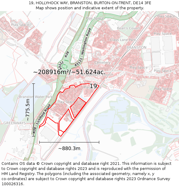 19, HOLLYHOCK WAY, BRANSTON, BURTON-ON-TRENT, DE14 3FE: Plot and title map
