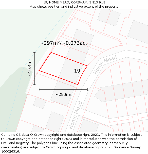 19, HOME MEAD, CORSHAM, SN13 9UB: Plot and title map