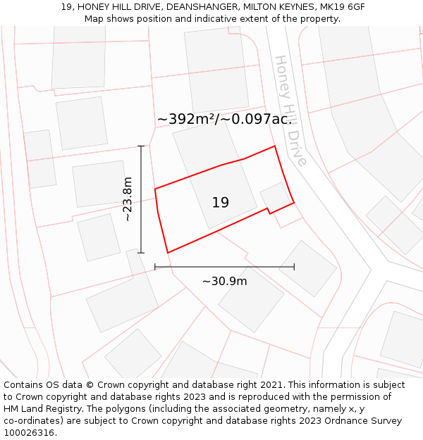19, HONEY HILL DRIVE, DEANSHANGER, MILTON KEYNES, MK19 6GF: Plot and title map