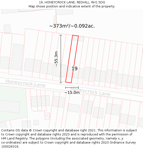 19, HONEYCROCK LANE, REDHILL, RH1 5DG: Plot and title map